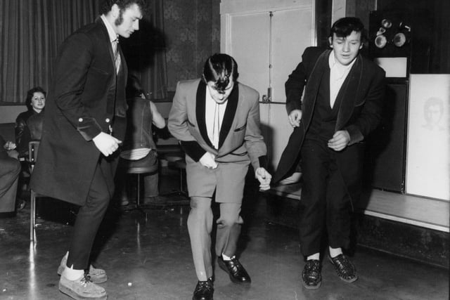Teddy boys bopping on the dance floor at the Wykebeck Arms in March 1974. Pictured, from left, are Dennis Peace, Martin Gibbs and Laddy Whitaker.
