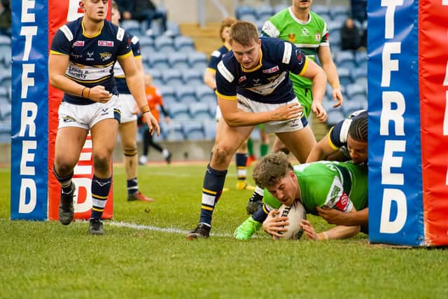 Nathan Newbound, pictured scoring in pre-season against Leeds, misses Hunslet's game this weekend with a back injury. Picture by Paul Whitehurst.
