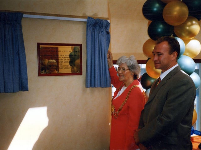 The Lord Mayor of Leeds, Councillor Linda Middleton, opens the Cookridge Hall Golf and Country Club on Cookride Lane, along with Leeds Rhinos Head Coach Dean Bell in September 1997.