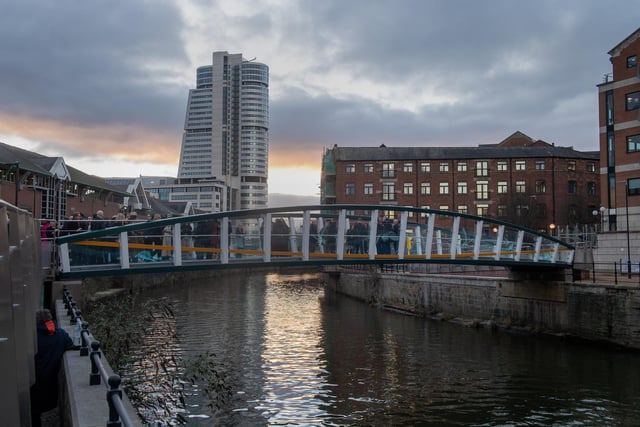 Pictured is the David Oluwale Bridge, which spans the River Aire from Sovereign Street to Water Lane, opened in January this year. The bridge has been named in honour of David Oluwale, who tragically drowned in the river in 1969 in a racially-motivated incident.
