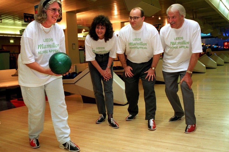 A 24 hour ten pin bowling marathon was organised at Leeds Bowl to raise money for the Leeds Macmillan Nurse Appeal. Pictured is organiser Valerie Ellwood about to strike watched by Catherine Glover, Chris Cave, assistant manager Leeds Bowl and Leeds Macmillan Nurses appeals manager Eric Oliver.