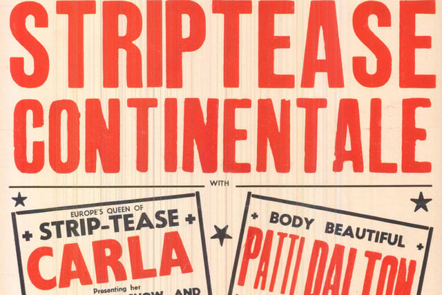 This show at the City Varieties in March 1957 featured Europe's Queen of striptease Carla with her boudoir peep show and tassle dance as well as 'body beautiful' Patti Dalton, billed as 'nude, neat and naughty'.