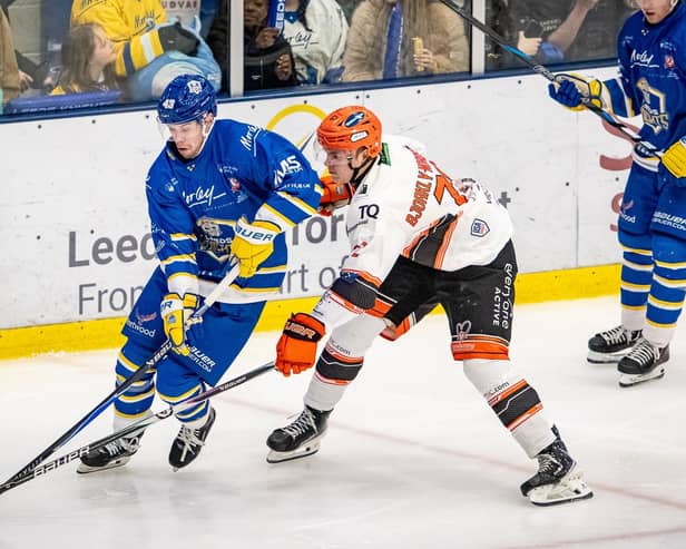WE MEET AGAIN: Leeds' Sam Cooper battles with Sheffield's Ivan Björkly Nordström. Picture: ben Gordon/Knights Media.
