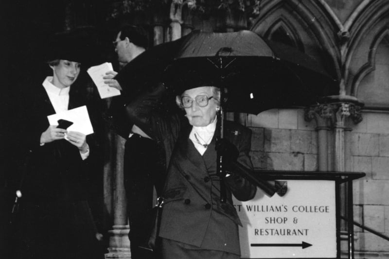 Lady Hutton leaves York Minster after the Sir Leonard Hutton Memorial Service in November 1990.