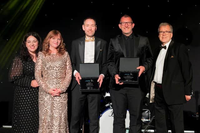 The North East region of Lovell received a Diamond Shared Value Award from Oasis Community Housing at its annual Black and Gold Ball. From left are the charity’s Corporate Partnerships Manager Sophie Barker; the charity’s patron the Rev Canon Kate Bottley; Stuart Reid, Director of Komatsu; Director of Land and Partnerships for the North East region of Lovell Phil Jones; and the charity’s Chair of Trustees Nick Salisbury.