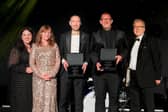 The North East region of Lovell received a Diamond Shared Value Award from Oasis Community Housing at its annual Black and Gold Ball. From left are the charity’s Corporate Partnerships Manager Sophie Barker; the charity’s patron the Rev Canon Kate Bottley; Stuart Reid, Director of Komatsu; Director of Land and Partnerships for the North East region of Lovell Phil Jones; and the charity’s Chair of Trustees Nick Salisbury.