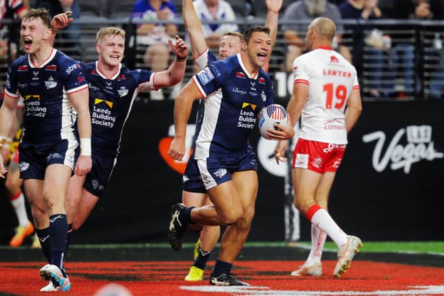 Ryan Hall scores the 350th try of his career - and 249th for Leeds Rhinos - in the win against Hull KR at Allegiant Stadium, Las Vegas. Picture by Alex Whitehead/SWpix.com.