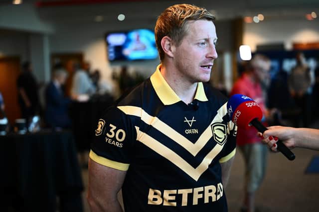 Leeds Rhinos' Lachie Miller in his 2026 Dream Team kit during Monday's Super League play-offs launch at Old Trafford. Picture by Olly Hassell/SWpix.com.