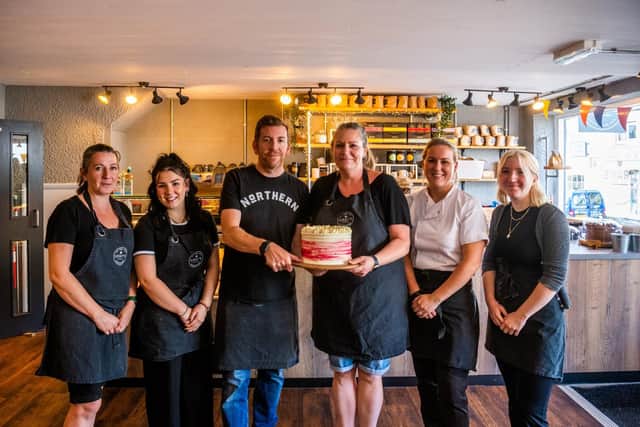Pictured (left to right): Sarah Owen, Alisha Watson, owners Giles and Heather Amos, Ellie Cooper and Molly Rymer. (Photo: James Hardisty)