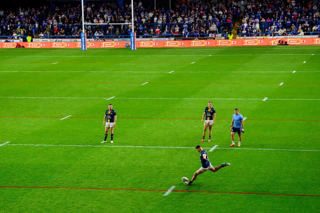 Leeds Rhinos' Jake Connor lands a penalty against Wakefield Trinity. His goal kicking was 'fabulous', according to the YEP fans Jury. Picture by Allan McKenzie/SWpix.com.