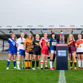 Betfred Women's Super League was launched at Headingley on Tuesday. Left to Right - Barrow's Michelle Larkin, Warrington's Armani Sharrock, Castleford's Kaitlin Varley, York's Sinead Peach, Salford's Louise Fellingham, Leeds' Hanna Butcher, Huddersfield's Bella Sykes,  Bradford's Jess Harrop, Wigan's Rachel Thompson, Featherstone's Danielle Waters, St Helens' Jodie Cunningham and Leigh's Mairead Quinn. Picture by Allan McKenzie/SWpix.com.