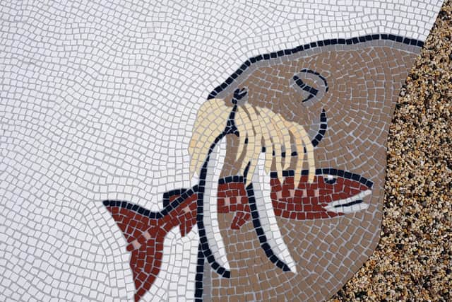 Scarborough's famous visitor, Thor the Walrus features in the artwork, Roman Mosaic c.2025, by Jeremy Deller.