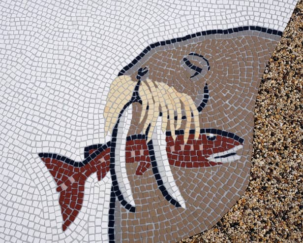 Scarborough's famous visitor, Thor the Walrus features in the artwork, Roman Mosaic c.2025, by Jeremy Deller.