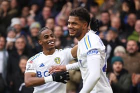 STAR MEN - Crysencio Summerville of Leeds United celebrates with teammate Georginio Rutter after scoring the team's fourth goal during the Sky Bet Championship match between Leeds United and Huddersfield Town at Elland Road. Photo: George Wood/Getty Images
