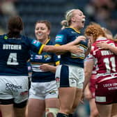 Keara Bennett of Leeds celebrates as the final whistle sounds in Rhinos' semi-final win over Wigan. Picture by Jess Hornby/Getty Images.