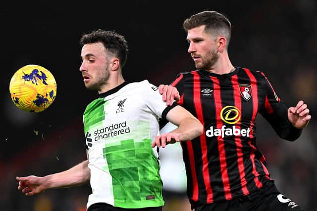 Liverpool's Diogo Jota (left) up against Chris Mepham in the victory over AFC Bournemouth. (Photo by Mike Hewitt/Getty Images)