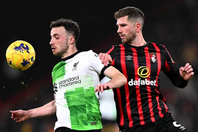 Liverpool's Diogo Jota (left) up against Chris Mepham in the victory over AFC Bournemouth. (Photo by Mike Hewitt/Getty Images)