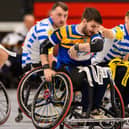 Leeds Rhinos' Cameron Hills is tackled by Jack Brown of Halifax Panther in the Wheelchair Super League Grand Final at the National Basketball Performance Centre in Manchester. Picture by Allan McKenzie/SWpix.com.