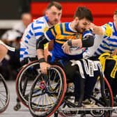 Leeds Rhinos' Cameron Hills is tackled by Jack Brown of Halifax Panther in the Wheelchair Super League Grand Final at the National Basketball Performance Centre in Manchester. Picture by Allan McKenzie/SWpix.com.