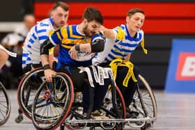 Leeds Rhinos' Cameron Hills is tackled by Jack Brown of Halifax Panther in the Wheelchair Super League Grand Final at the National Basketball Performance Centre in Manchester. Picture by Allan McKenzie/SWpix.com.