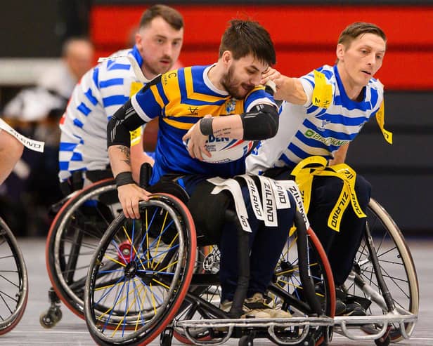 Leeds Rhinos' Cameron Hills is tackled by Jack Brown of Halifax Panther in the Wheelchair Super League Grand Final at the National Basketball Performance Centre in Manchester. Picture by Allan McKenzie/SWpix.com.