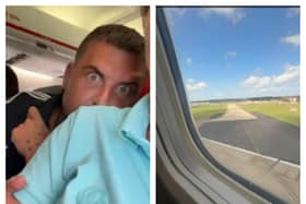 Footage provided by Jodie from within the plane shows her worried friend Daniel Coates, 38, as the plane comes into land.