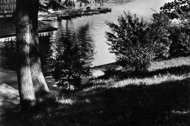 A postcard view showing Waterloo Lake at Roundhay Park. A date of August 5, 1938 is written on the back.