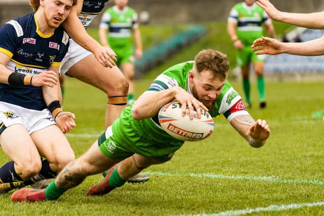 Danny Barcoe, seen scoring against Leeds, is poised to make his Hunslet debut this weekend. Picture by Paul Whitehurst/Hunslet RLFC.