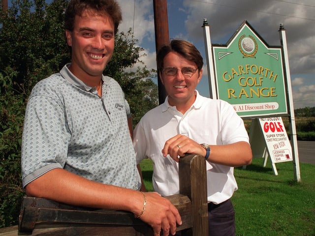Professional golfer Stephen Ames (left) at Garforth Golf Range with golf coach Dennis Sheehy. Pictured in September 1997.