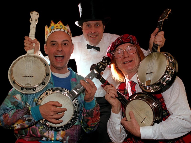 The Leeds branch of the George Formby Society held a Christmas party at the Queen Arms Inn in Moortown in December 1996. Pictured, from left, are Society members Neal Higgins, Tony Marshall and Colin Crookson.
