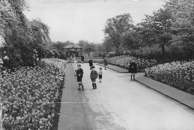 Chapel Allerton Recreation Ground in May 1937 where several children are pictured can be seen looking at the bulb displays on either side of the path. It was purchased by Leeds Corporation in 1897 and opened to the public as a park in 1900.