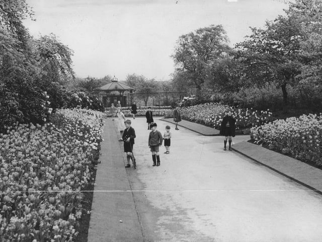 Chapel Allerton Recreation Ground in May 1937 where several children are pictured can be seen looking at the bulb displays on either side of the path. It was purchased by Leeds Corporation in 1897 and opened to the public as a park in 1900.