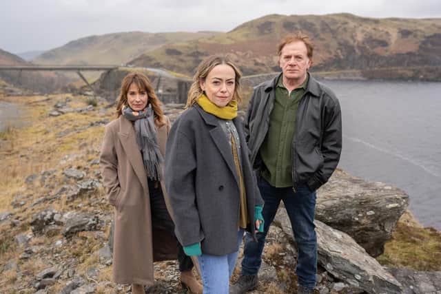 From left, Nia Roberts, Sian Reese-Williams and Mark Lewis-Jones star in the second series of Channel 4 drama The Light in the Hall (Picture: Channel 4)
