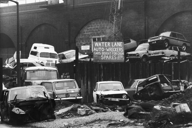 The scrap car yard near the junction of Bath Road and Water Lane at Holbeck pictured in March 1981.