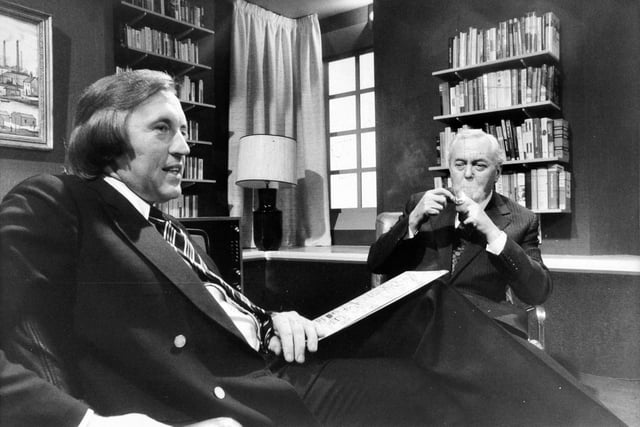 Prime Minister Sir Harold Wilson and David Frost at work in a study at Yorkshire Television's Leeds studio in October 1976.