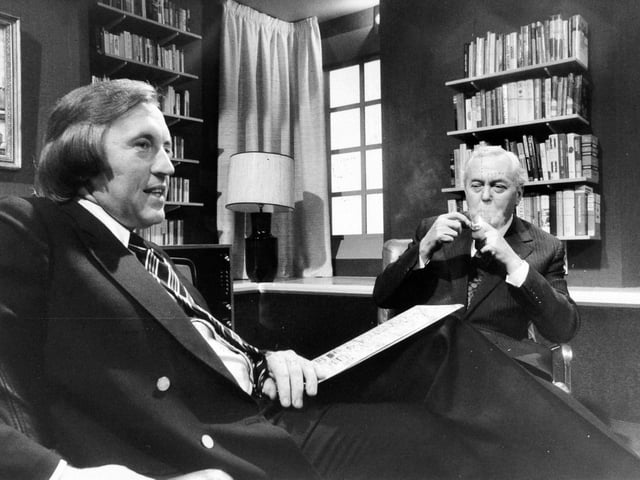 Prime Minister Sir Harold Wilson and David Frost at work in a study at Yorkshire Television's Leeds studio in October 1976.