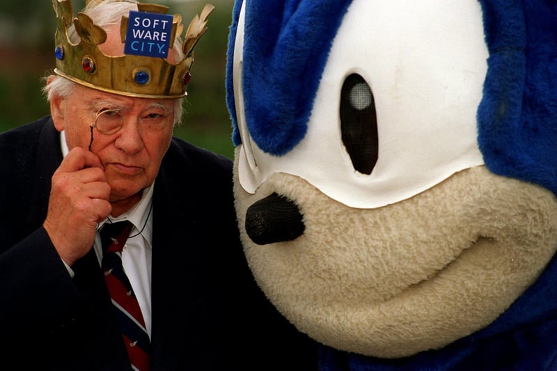 TV's Games Master presenter Patrick Moore is pictured with Sonic the Hedgehog when he opened Software City on Kirkstall Road.