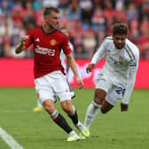 FEELING GOOD: Record Whites signing Georginio Rutter, centre, on his Leeds United return in Wednesday's pre-season friendly against Manchester United in Oslo. 
Photo by Matthew Peters/Manchester United via Getty Images.