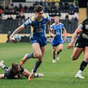 Two tries from debutant Riley Lumb, seen scoring his first, were the highlight of Leeds Rhinos' win at Hull FC. Picture by Alex Whitehead/SWpix.com.