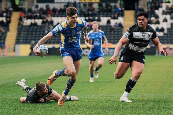 Two tries from debutant Riley Lumb, seen scoring his first, were the highlight of Leeds Rhinos' win at Hull FC. Picture by Alex Whitehead/SWpix.com.