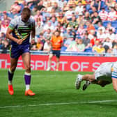 Leeds Rhinos' hat-trick hero Ash Handley scores against Bradford Bulls at  Magic Weekend., Picture by Callum Pilkington/SWpix.com.