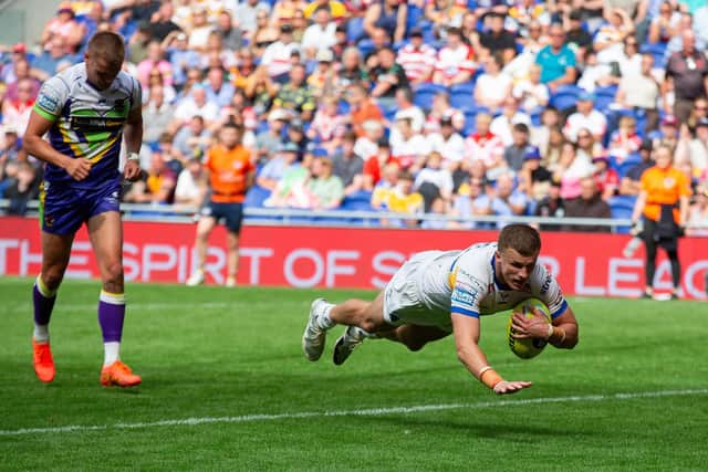 Leeds Rhinos' hat-trick hero Ash Handley scores against Bradford Bulls at  Magic Weekend., Picture by Callum Pilkington/SWpix.com.