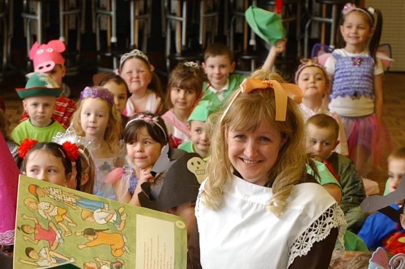 It's story time in 2004 and it looks like a fancy dress story time was great fun at Monkton Infants.