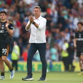 BRIGHTON, ENGLAND - AUGUST 27: Leeds manager Jesse Marsch and Dan James thank the traveling supporters during the Premier League match between Brighton & Hove Albion and Leeds United at American Express Community Stadium on August 27, 2022 in Brighton, England. (Photo by Charlie Crowhurst/Getty Images)