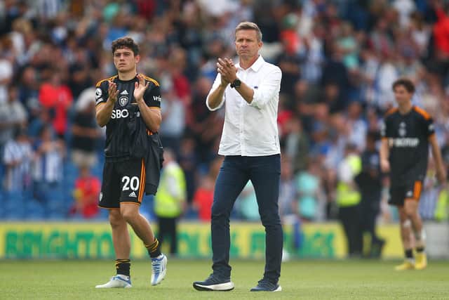 BRIGHTON, ENGLAND - AUGUST 27: Leeds manager Jesse Marsch and Dan James thank the traveling supporters during the Premier League match between Brighton & Hove Albion and Leeds United at American Express Community Stadium on August 27, 2022 in Brighton, England. (Photo by Charlie Crowhurst/Getty Images)