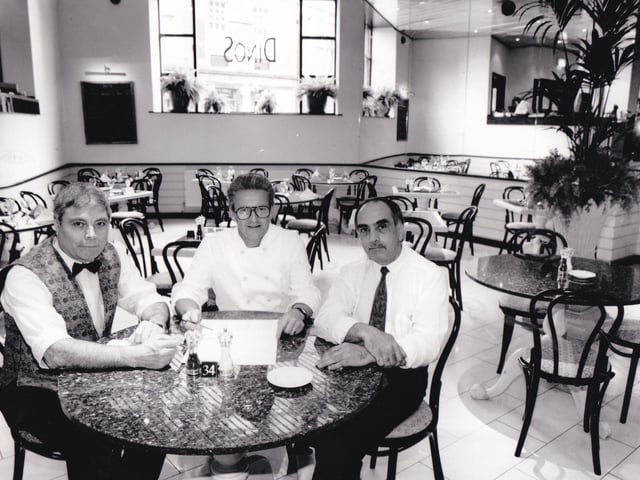 Dino's was a popular destination for authentic Italian cuisine. Pictured in July 1992 are owner Dino Aristotelous (right), with manager Tuto Garcia (left) and head chef Manfred Zenner.