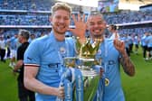 WHITES MESSAGE: From ex-Leeds United star Kalvin Phillips, right, pictured with Kevin De Bruyne with the Premier League trophy for newly-crowned champions Manchester City after Sunday's 1-0 win against Chelsea at the Etihad. Photo by Michael Regan/Getty Images.