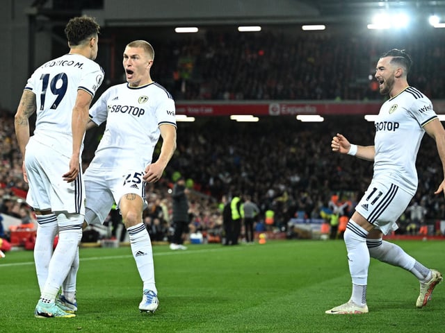 Leeds celebrate Rodrigo's fourth minute opener.