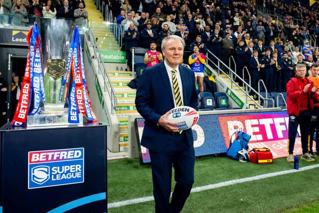Gary Hetherington brings out the match ball before Leeds Rhinos' play-off against St Helens, his final game as chief executive. Picture by Allan McKenzie/SWpix.com.
