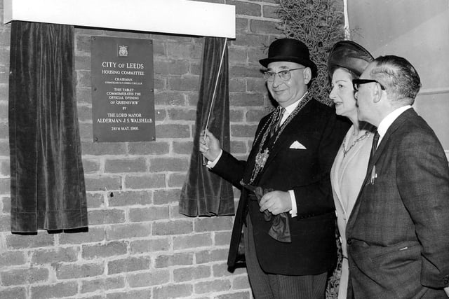 The Lord Mayor of Leeds, Alderman Joshua S. Walsh, opens the Queensview multi-storey flats in Seacroft in May 1966. The 17 storey block of flats was built by Tersons Ltd.
